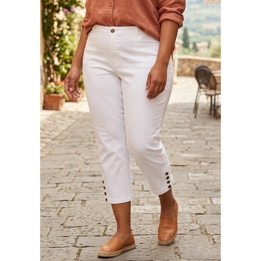 Caribbean Joe Cropped Ankle Pants Button Hem Women's 18W White Stretch Travel